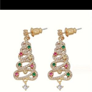 Earrings, NWT, Rhinestone Colorful Dangling Christmas Trees, Rich Looking